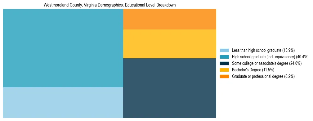 Treemap chart illustrating the educational attainment breakdown for population 25 years and over in Westmoreland County, Virginia.