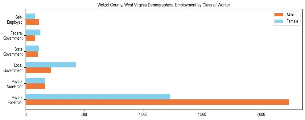 Horizontal bar chart showing employment distribution by class of worker and gender in Wetzel County, West Virginia, based on 2023 ACS data.