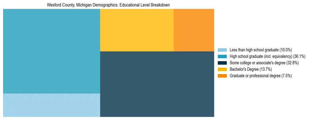 Treemap chart illustrating the educational attainment breakdown for population 25 years and over in Wexford County, Michigan.