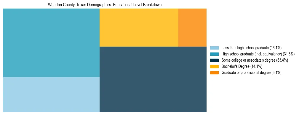 Treemap chart illustrating the educational attainment breakdown for population 25 years and over in Wharton County, Texas.