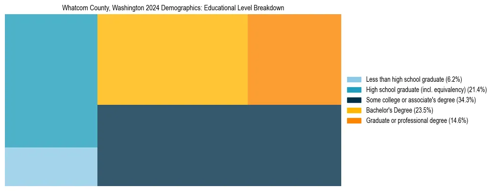 Treemap chart illustrating the educational attainment breakdown for population 25 years and over in Whatcom County, Washington.