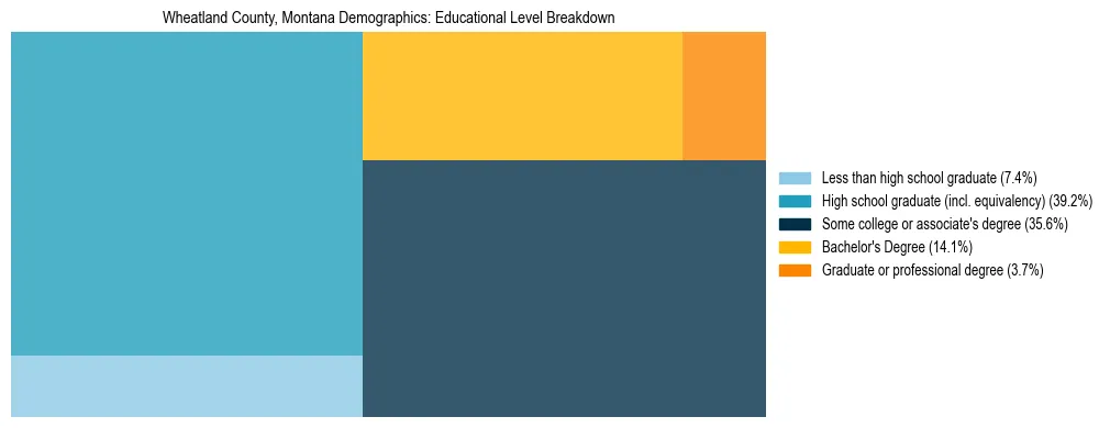 Treemap chart illustrating the educational attainment breakdown for population 25 years and over in Wheatland County, Montana.