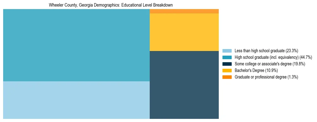 Treemap chart illustrating the educational attainment breakdown for population 25 years and over in Wheeler County, Georgia.