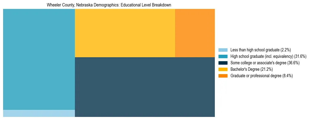Treemap chart illustrating the educational attainment breakdown for population 25 years and over in Wheeler County, Nebraska.