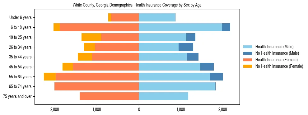 Pyramid chart showing health insurance coverage by age and sex in White County, Georgia.