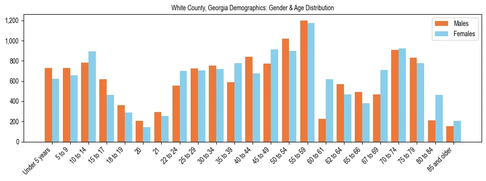 Bar chart showing the population distribution of White County, Georgia by age group and gender, based on 2023 ACS data.