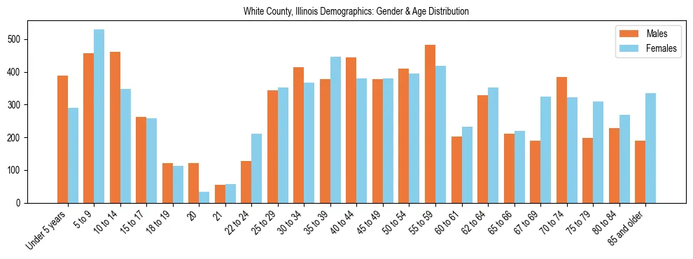 Bar chart showing the population distribution of White County, Illinois by age group and gender, based on 2023 ACS data.