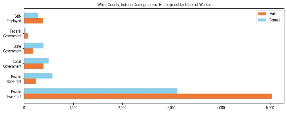 Horizontal bar chart showing employment distribution by class of worker and gender in White County, Indiana, based on 2023 ACS data.
