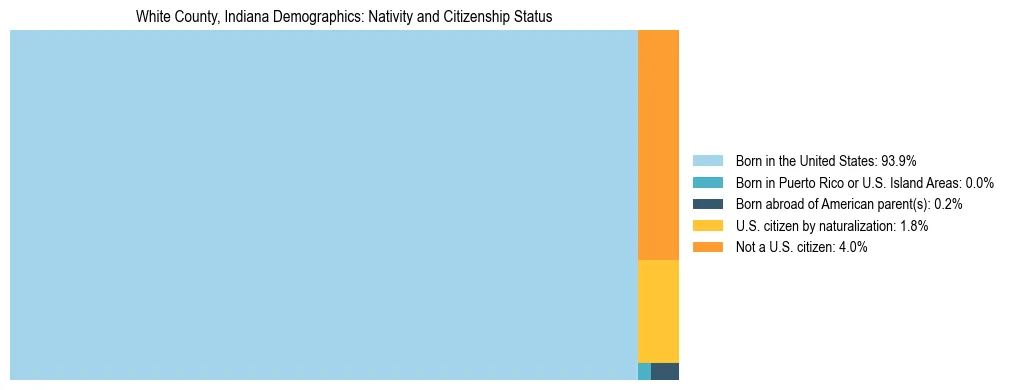 Treemap showing the population distribution by nativity and citizenship status in White County, Indiana based on U.S. Census data.