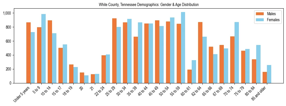 Bar chart showing the population distribution of White County, Tennessee by age group and gender, based on 2023 ACS data.