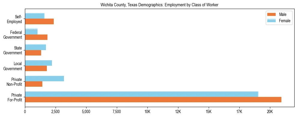 Horizontal bar chart showing employment distribution by class of worker and gender in Wichita County, Texas, based on 2023 ACS data.
