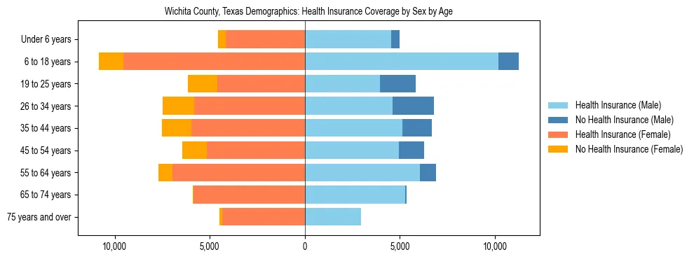 Pyramid chart showing health insurance coverage by age and sex in Wichita County, Texas.