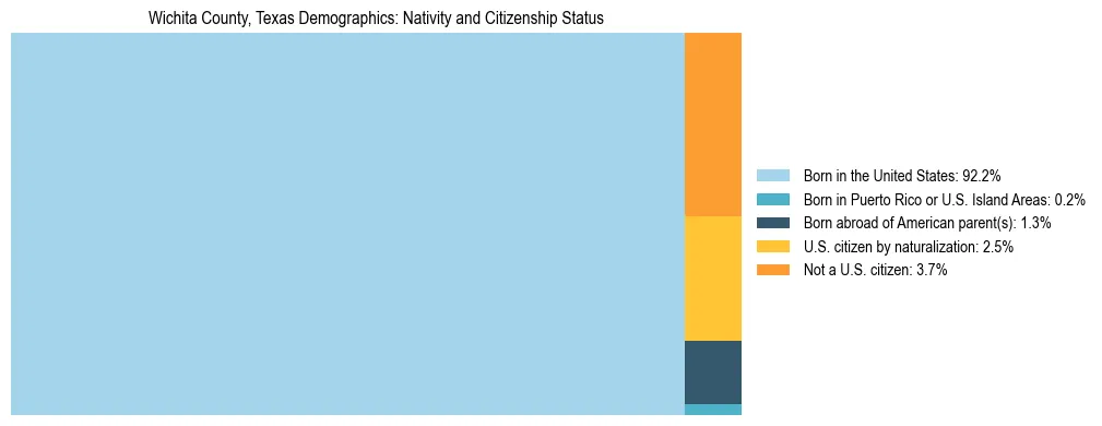 Treemap showing the population distribution by nativity and citizenship status in Wichita County, Texas based on U.S. Census data.