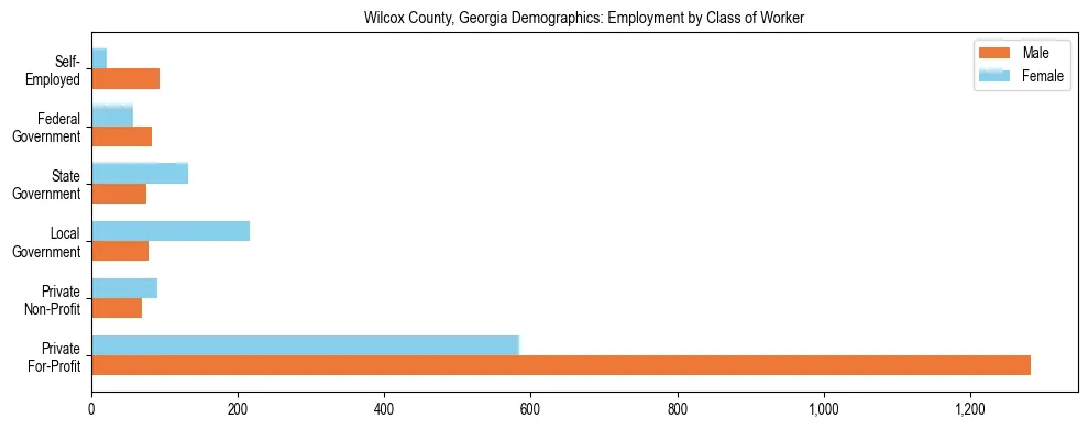 Horizontal bar chart showing employment distribution by class of worker and gender in Wilcox County, Georgia, based on 2023 ACS data.