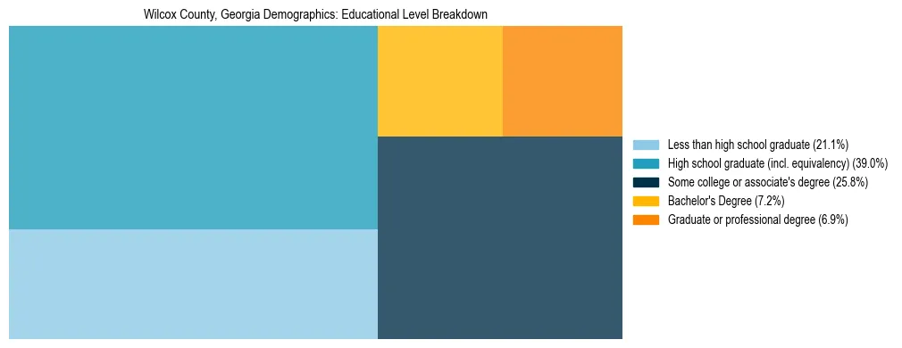 Treemap chart illustrating the educational attainment breakdown for population 25 years and over in Wilcox County, Georgia.