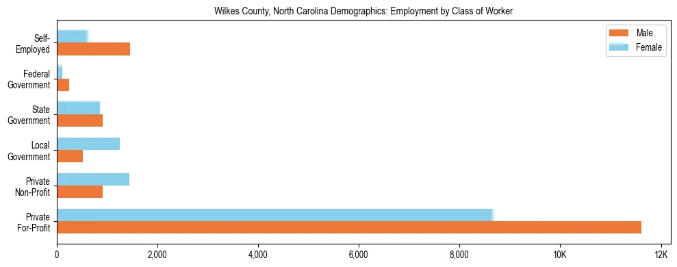 Horizontal bar chart showing employment distribution by class of worker and gender in Wilkes County, North Carolina, based on 2023 ACS data.
