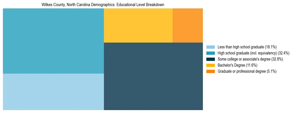 Treemap chart illustrating the educational attainment breakdown for population 25 years and over in Wilkes County, North Carolina.