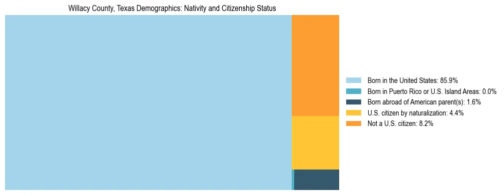 Treemap showing the population distribution by nativity and citizenship status in Willacy County, Texas based on U.S. Census data.