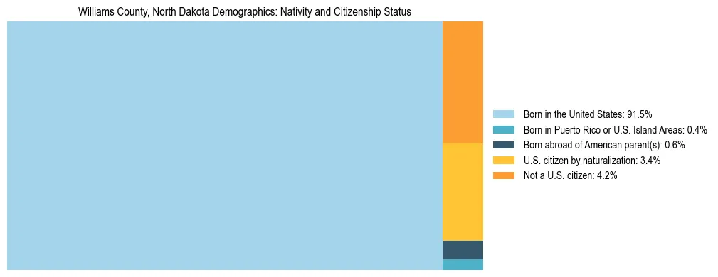 Treemap showing the population distribution by nativity and citizenship status in Williams County, North Dakota based on U.S. Census data.