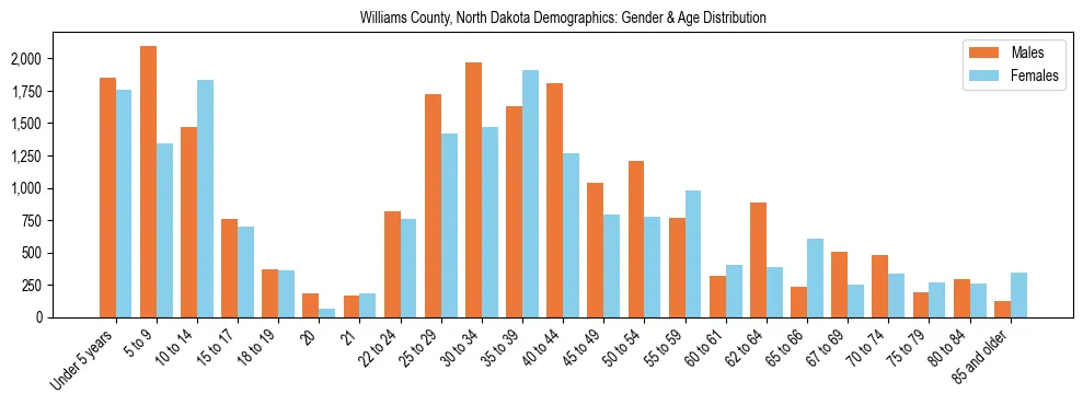 Bar chart showing the population distribution of Williams County, North Dakota by age group and gender, based on 2023 ACS data.