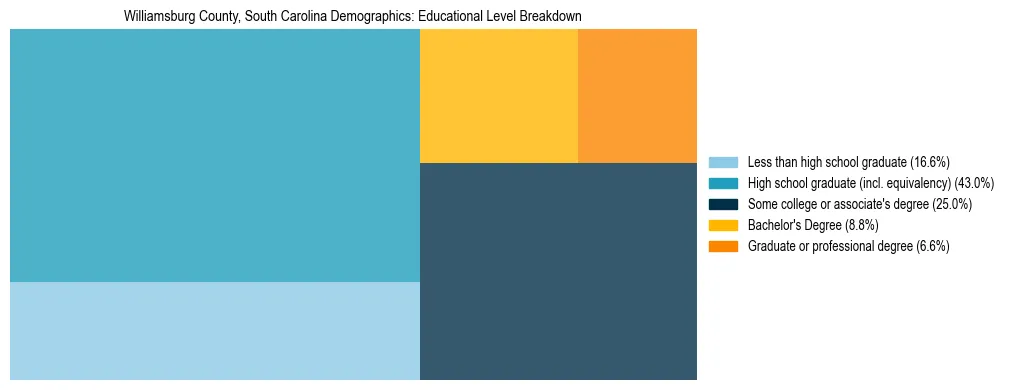 Treemap chart illustrating the educational attainment breakdown for population 25 years and over in Williamsburg County, South Carolina.