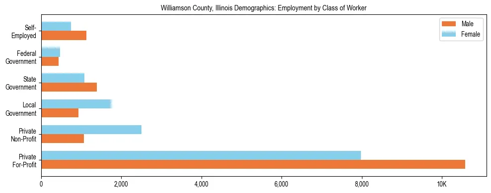 Horizontal bar chart showing employment distribution by class of worker and gender in Williamson County, Illinois, based on 2023 ACS data.
