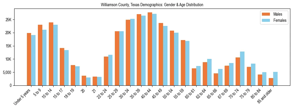 Bar chart showing the population distribution of Williamson County, Texas by age group and gender, based on 2023 ACS data.