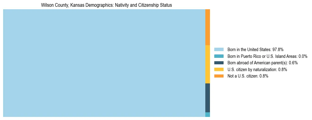 Treemap showing the population distribution by nativity and citizenship status in Wilson County, Kansas based on U.S. Census data.