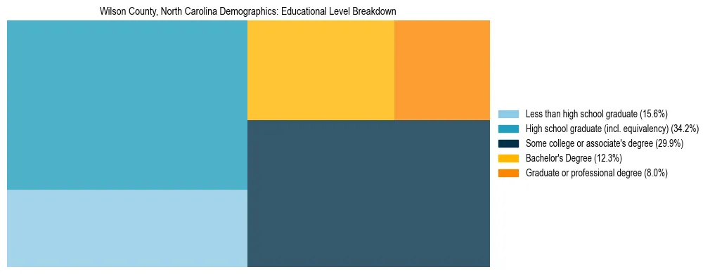 Treemap chart illustrating the educational attainment breakdown for population 25 years and over in Wilson County, North Carolina.