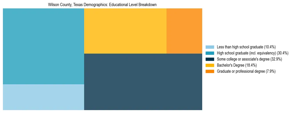 Treemap chart illustrating the educational attainment breakdown for population 25 years and over in Wilson County, Texas.