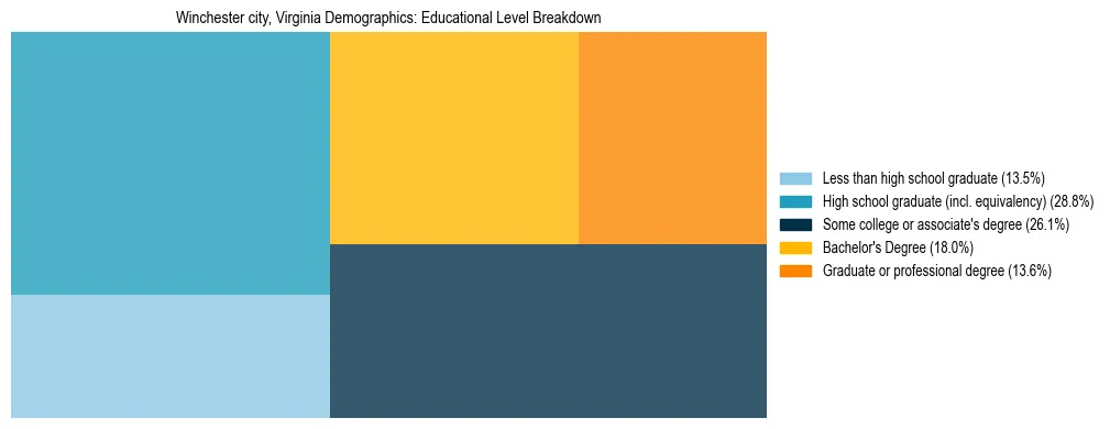 Treemap chart illustrating the educational attainment breakdown for population 25 years and over in Winchester city, Virginia.
