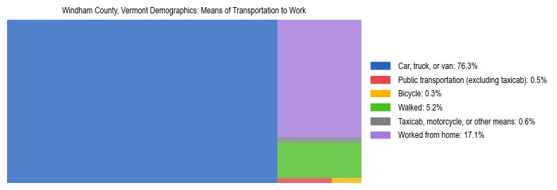Treemap showing means of transportation to work distribution in Windham County, Vermont.