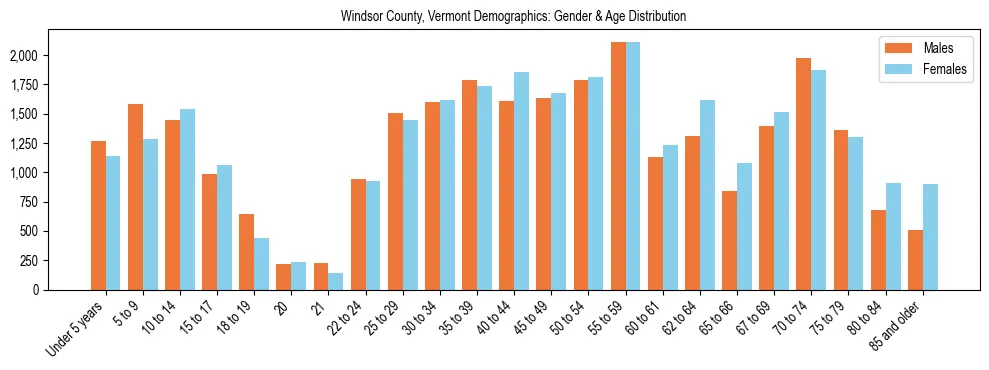 Bar chart showing the population distribution of Windsor County, Vermont by age group and gender, based on 2023 ACS data.