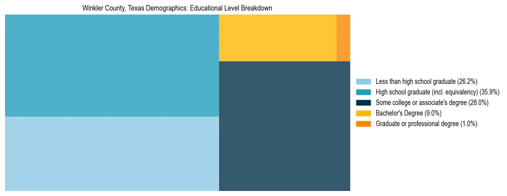 Treemap chart illustrating the educational attainment breakdown for population 25 years and over in Winkler County, Texas.