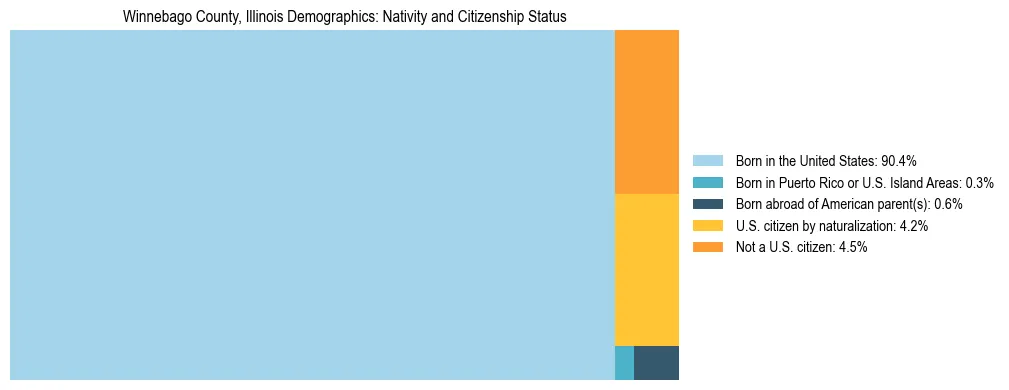Treemap showing the population distribution by nativity and citizenship status in Winnebago County, Illinois based on U.S. Census data.