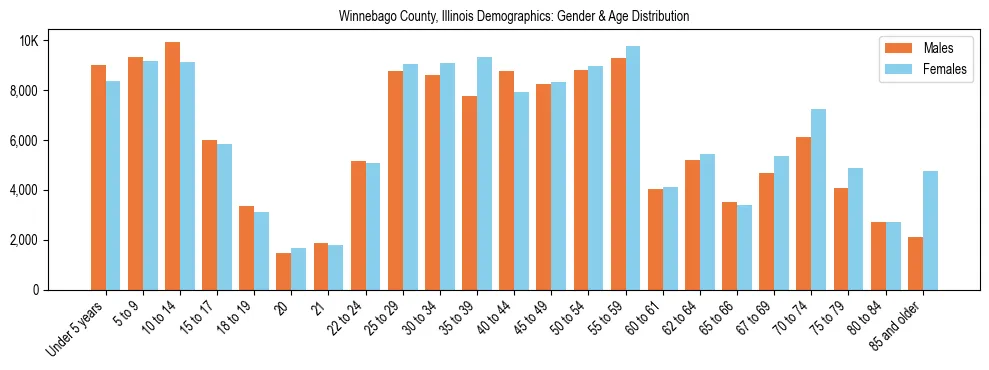 Bar chart showing the population distribution of Winnebago County, Illinois by age group and gender, based on 2023 ACS data.