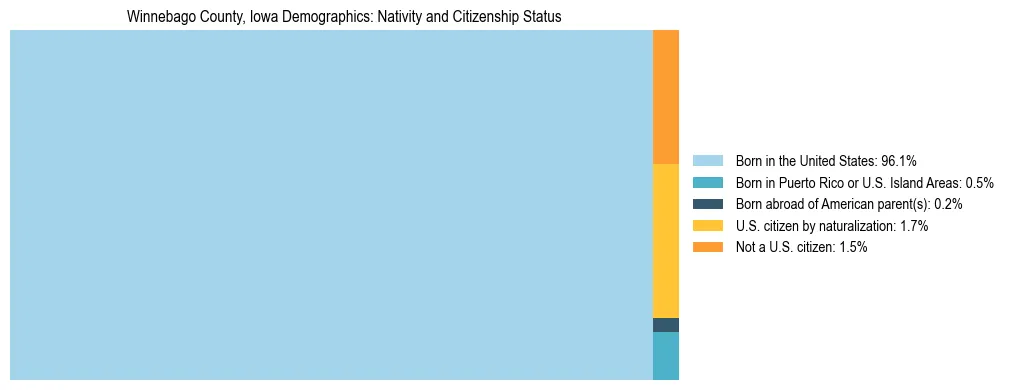 Treemap showing the population distribution by nativity and citizenship status in Winnebago County, Iowa based on U.S. Census data.