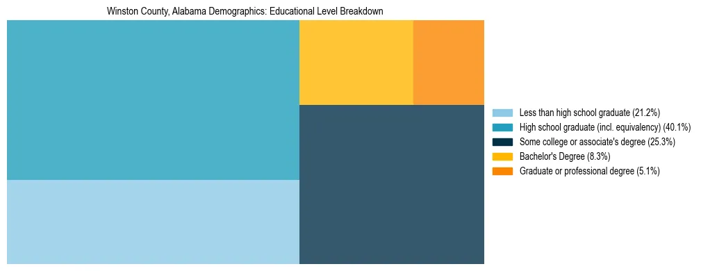 Treemap chart illustrating the educational attainment breakdown for population 25 years and over in Winston County, Alabama.