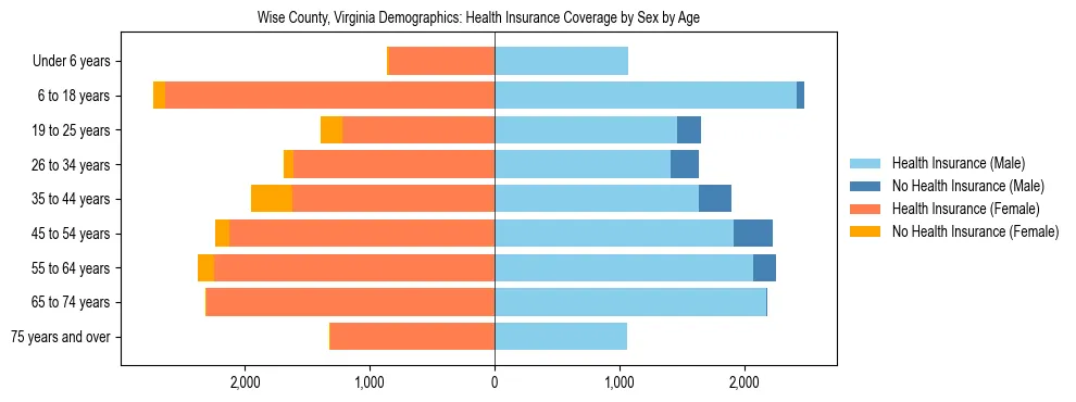 Pyramid chart showing health insurance coverage by age and sex in Wise County, Virginia.