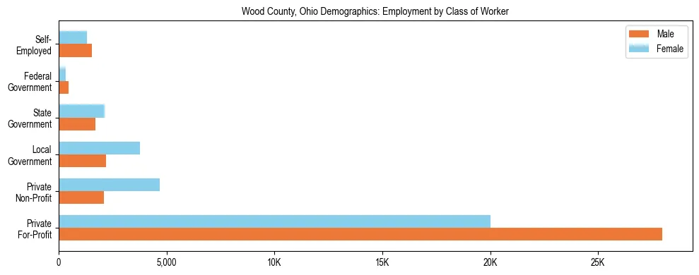 Horizontal bar chart showing employment distribution by class of worker and gender in Wood County, Ohio, based on 2023 ACS data.