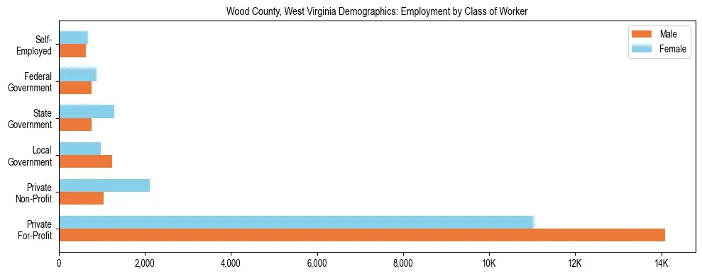 Horizontal bar chart showing employment distribution by class of worker and gender in Wood County, West Virginia, based on 2023 ACS data.