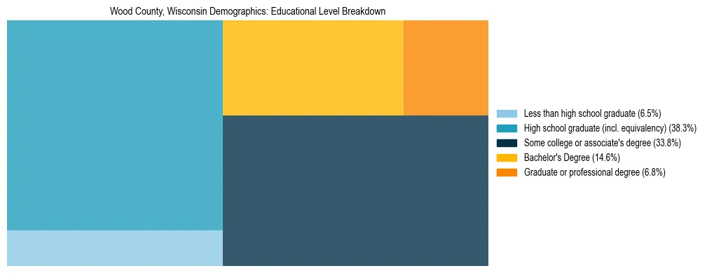 Treemap chart illustrating the educational attainment breakdown for population 25 years and over in Wood County, Wisconsin.