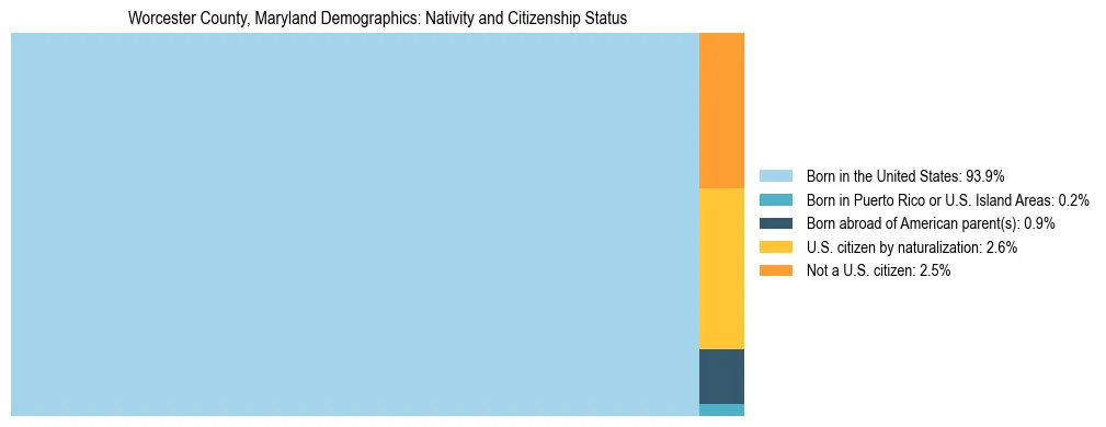 Treemap showing the population distribution by nativity and citizenship status in Worcester County, Maryland based on U.S. Census data.