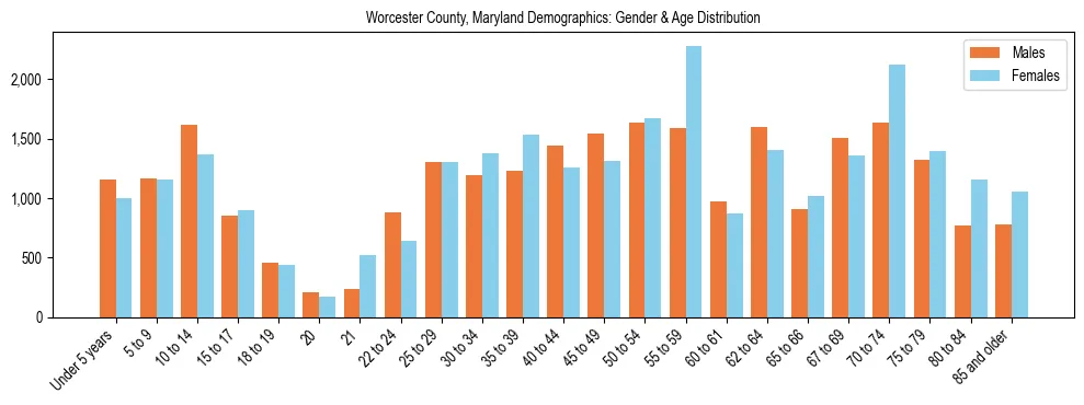 Bar chart showing the population distribution of Worcester County, Maryland by age group and gender, based on 2023 ACS data.
