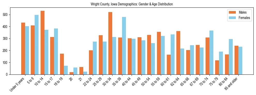 Bar chart showing the population distribution of Wright County, Iowa by age group and gender, based on 2023 ACS data.
