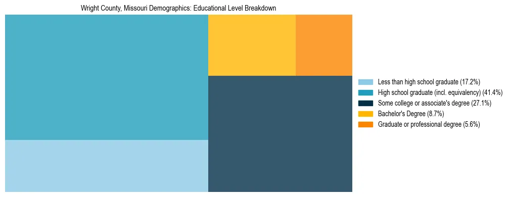 Treemap chart illustrating the educational attainment breakdown for population 25 years and over in Wright County, Missouri.
