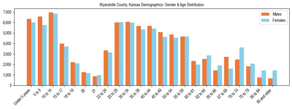 Bar chart showing the population distribution of Wyandotte County, Kansas by age group and gender, based on 2023 ACS data.