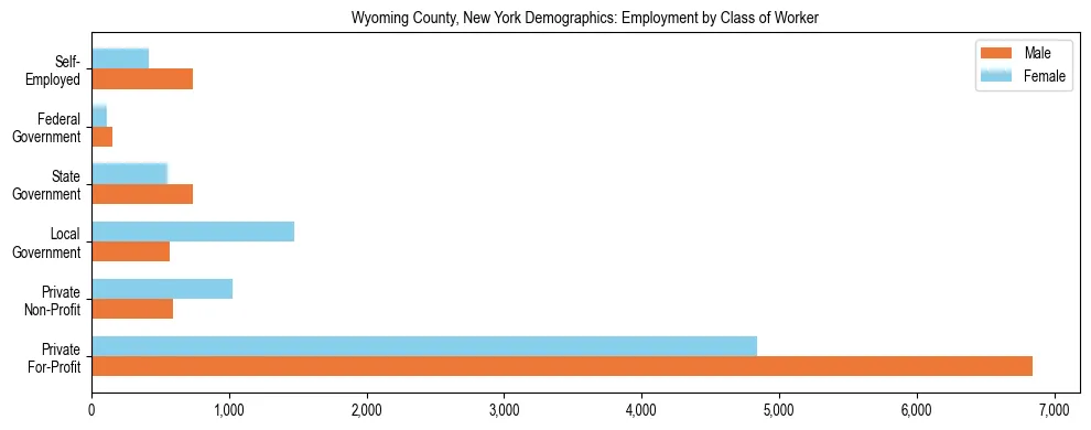 Horizontal bar chart showing employment distribution by class of worker and gender in Wyoming County, New York, based on 2023 ACS data.