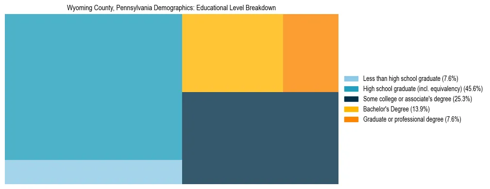 Treemap chart illustrating the educational attainment breakdown for population 25 years and over in Wyoming County, Pennsylvania.