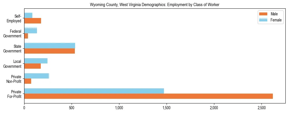 Horizontal bar chart showing employment distribution by class of worker and gender in Wyoming County, West Virginia, based on 2023 ACS data.